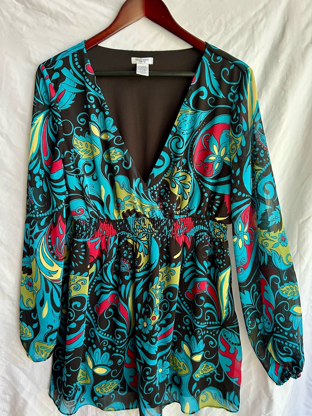 Bisou Bisou Black Teal Red Yellow Floral Print Long Sleeve Tunic Dress